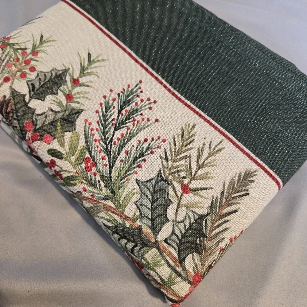 Cupcakes and Cashmere Christmas Tablecloth 60x105 Holly Pinecone Metallic Thread